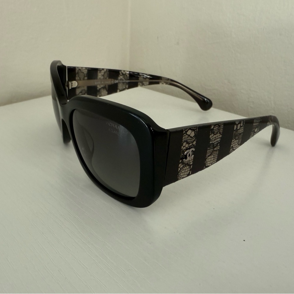 CHANEL 5295 Lace Effect Polarized Black Sunglasses